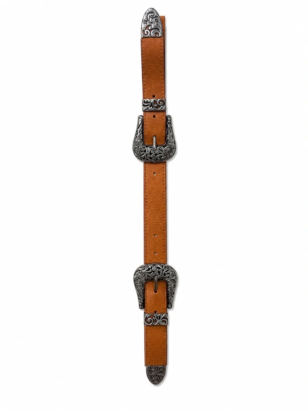 NWOT Western Double Buckle Faux Leather Belt Tan Silver Cowgirl